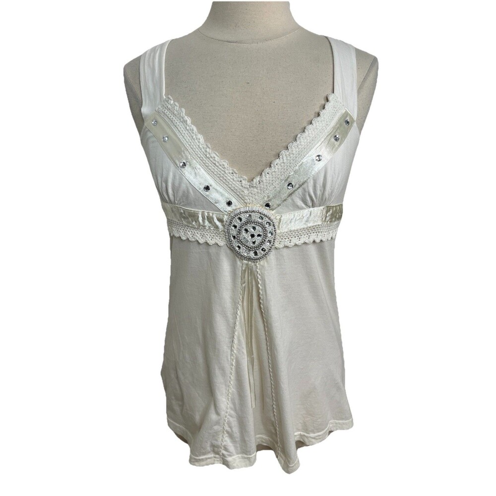 Y2K Solitaire Coquette Fairy Babydoll Top L Beaded Bow Lace Romantic Dainty